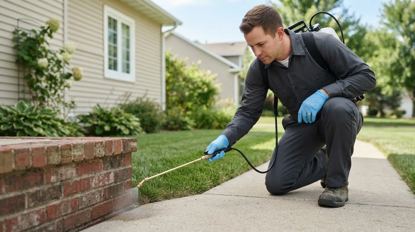 Pest control technician treating a home near Wellington, KS